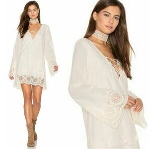 TJD Jet Set Diaries Elegant Crochet Lace-Trimmed Cream Mini Dress